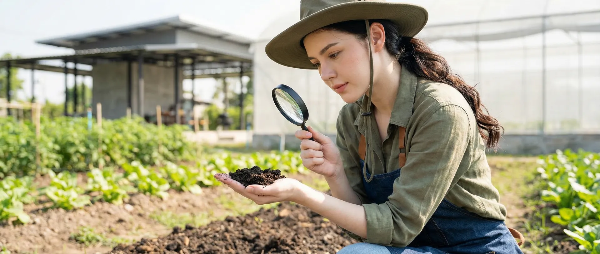The uploaded reference character sheet shall be used for creating a person or character in this image., Modern Agricultural Influencer, with reference the Uploaded reference image Character Sheet preserving facial fidelity, 22 year old Bangkokian, light natural makeup, confident and warm expression, stylish outdoor gardening attire or smart-casual farmwear (earth tones, denim, or linen), observing Humus rich soil texture through a magnifying glass or analyzing it on a smart tablet, thoughtful and scientific expression, agricultural lab or field background, aspect ratio 21:9