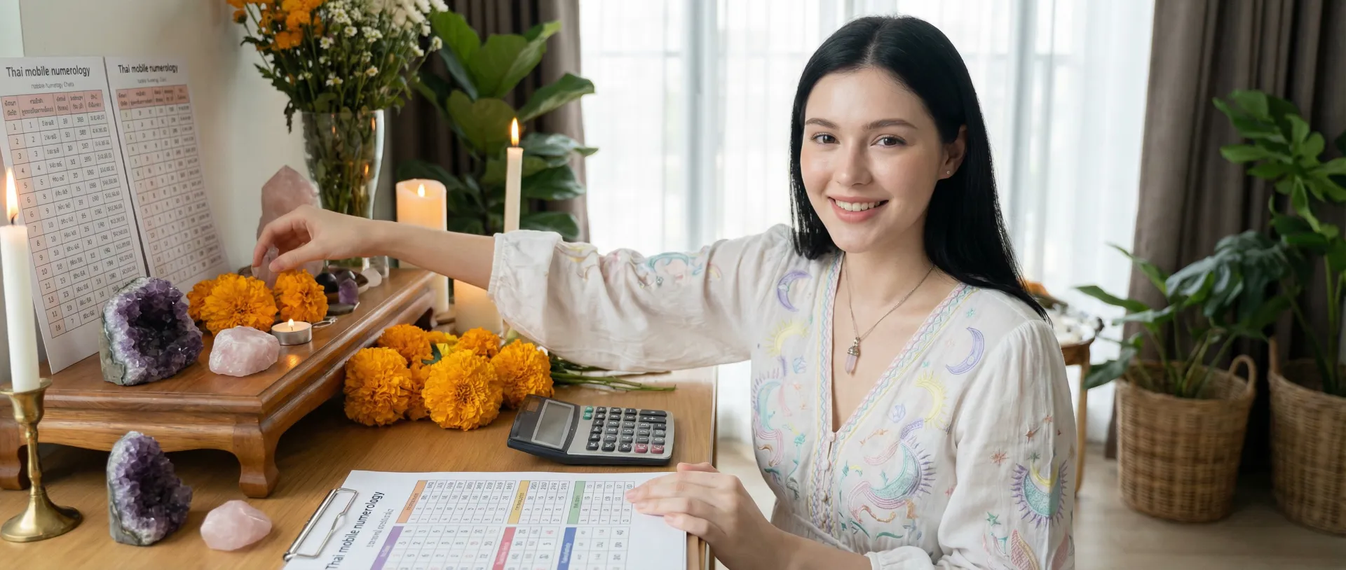 The uploaded reference character sheet shall be used for creating a person or character in this image. Modern Gen-Z Astrologer/Fortune Teller, with reference the Uploaded reference image Character Sheet preserving facial fidelity, 22 year old Bangkokian, light natural makeup, confident and warm expression, stylish boho-chic or smart-casual mystic attire (pastels, white, or celestial patterns), wearing a small crystal pendant, arranging lucky items (crystals, candles, flowers) and a calculator on a sacred altar related to Thai Mobile Numerology, peaceful and positive expression, altar or table setting, aspect ratio 21:9