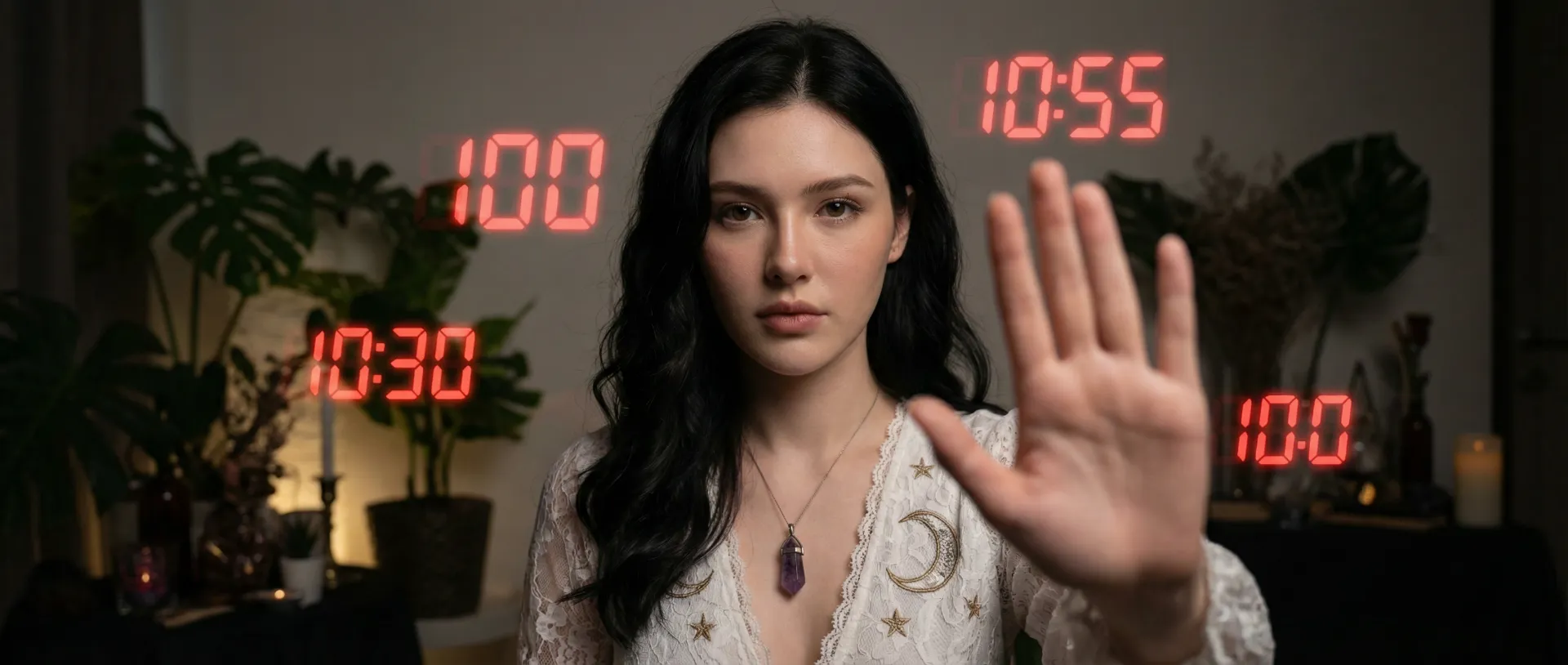 The uploaded reference character sheet shall be used for creating a person or character in this image. Modern Gen-Z Astrologer/Fortune Teller, with reference the Uploaded reference image Character Sheet preserving facial fidelity, 22 year old Bangkokian, light natural makeup, confident and warm expression, stylish boho-chic or smart-casual mystic attire (pastels, white, or celestial patterns), wearing a small crystal pendant, looking slightly serious or protective holding a hand up in a 'stop' or 'caution' gesture with floating red numbers in background, conveying care and guidance, slightly dimmer or dramatic lighting, aspect ratio 21:9