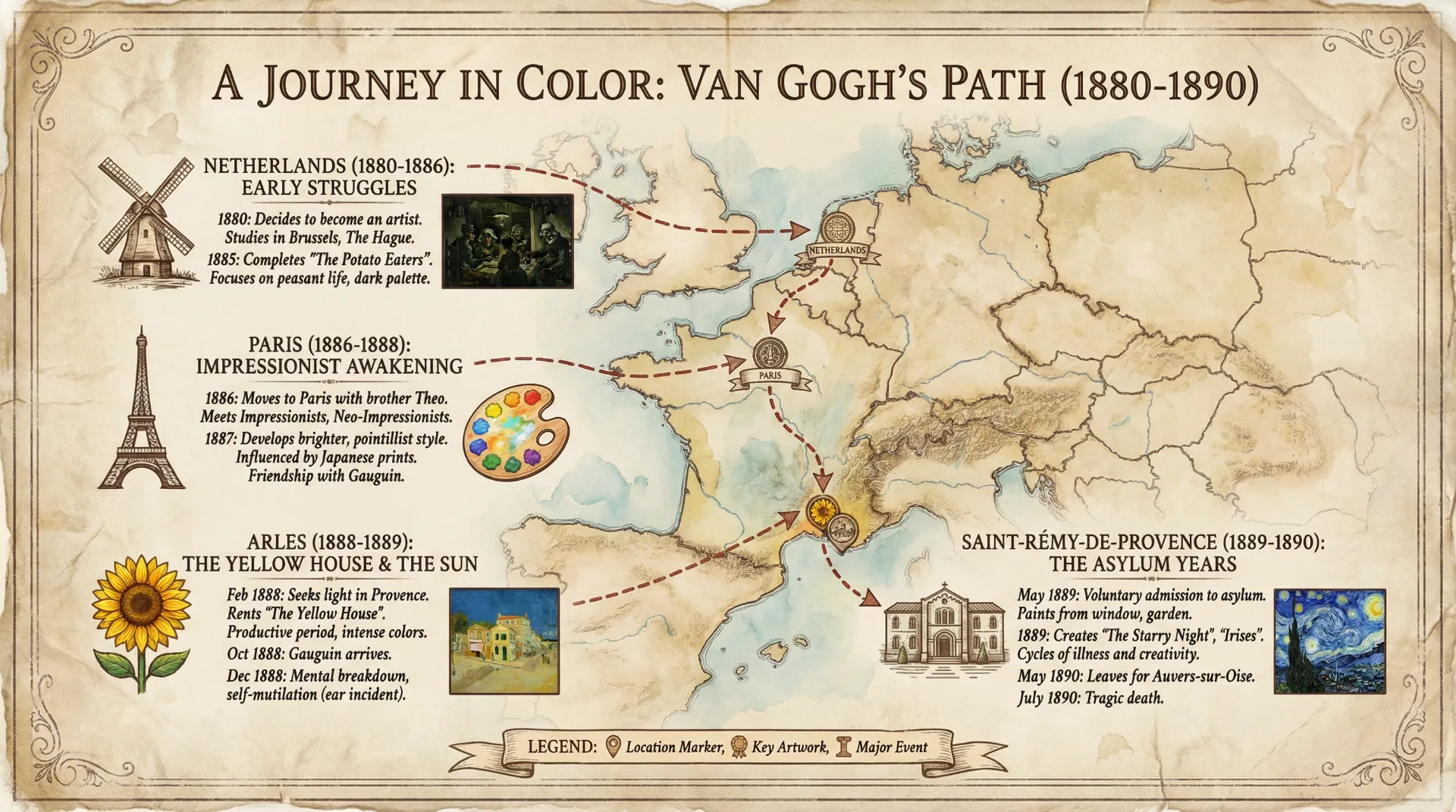 High-quality educational infographic, vintage textbook or museum display aesthetic, parchment or clean paper texture, classic typography, muted historical color palette, a historical timeline map showing Van Gogh's journey from Netherlands to Paris, Arles, and Saint-Rémy, showing key dates and events in chronological order, using vintage icons and markers, aspect ratio