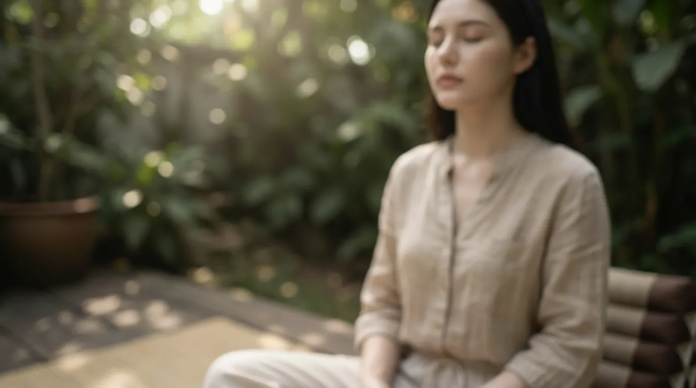 The uploaded reference character sheet shall be used for creating a person or character in this image., Dharma lifestyle blogger, with reference the Uploaded reference image Character Sheet preserving facial fidelity, 25-35 year old Bangkokian, modest and polite attire (white or earth tones), serene and kind expression, neat styling, Close-up detailed shot of a Buddhist symbol or nature element (lotus/leaf) representing wisdom filtering, with Dharma lifestyle blogger meditating in background (slightly blurred), spiritual and profound mood, aspect ratio 21:9