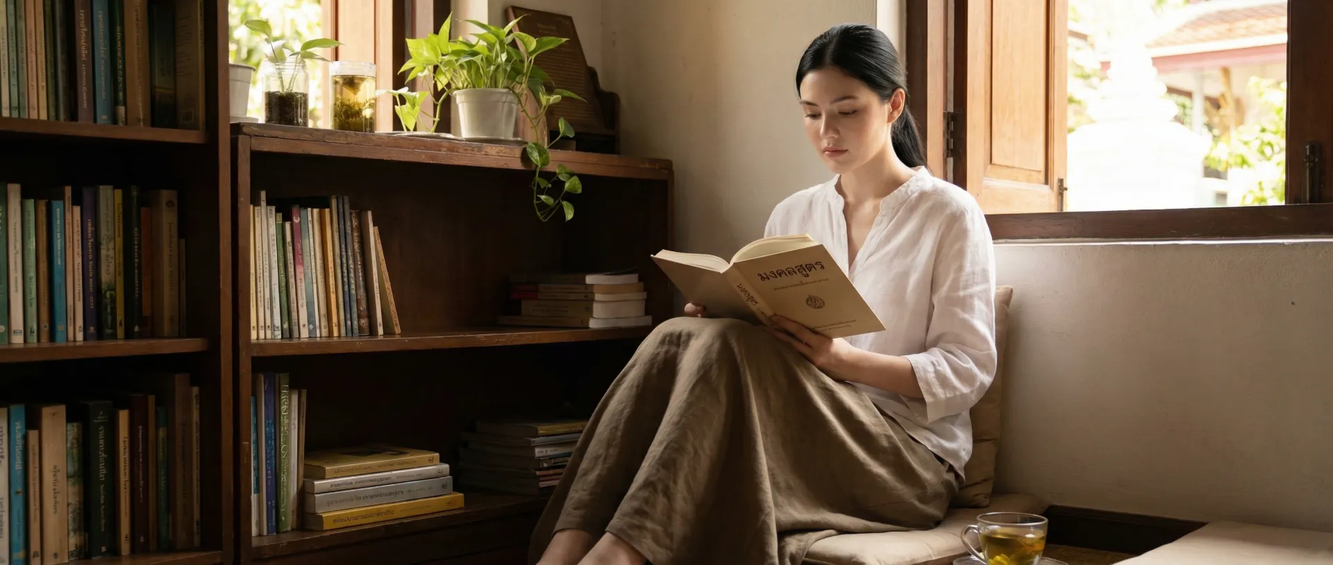The uploaded reference character sheet shall be used for creating a person or character in this image., Dharma lifestyle blogger, with reference the Uploaded reference image Character Sheet preserving facial fidelity, 25-35 year old Bangkokian, modest and polite attire (white or earth tones), serene and kind expression, neat styling, reading a Dharma book or scripture about Mangala Sutta Stanza 1, sitting in a quiet library or temple corner, thoughtful and concentrated atmosphere, warm lighting, aspect ratio 21:9