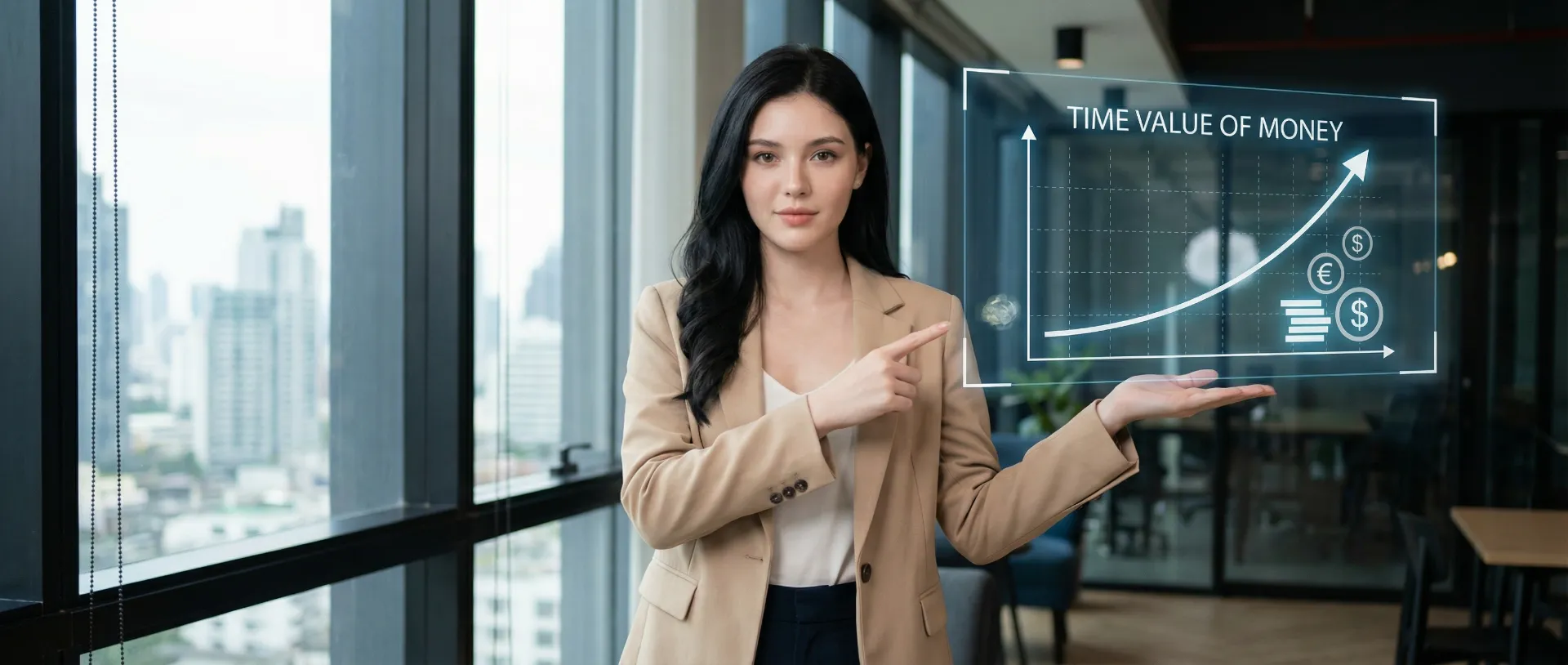 The uploaded reference character sheet shall be used for creating a person or character in this image., Financial influencer, with reference the Uploaded reference image Character Sheet preserving facial fidelity, 22 year old Bangkokian, natural makeup, confident and smart expression, smart-casual business styling, confident gesture pointing to a holographic graph or financial symbol related to Time Value of Money, in a modern workspace, inspiring and wealthy mood, natural lighting, aspect ratio 21:9