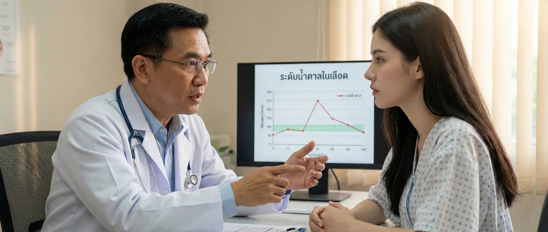 ตรวจระดับน้ำตาลในเลือด, A conceptual image showing a doctor consulting with a patient, with a subtle medical chart in the background showing potassium levels or blood sugar graphs.Mood: Professional, cautionary, medical advice.