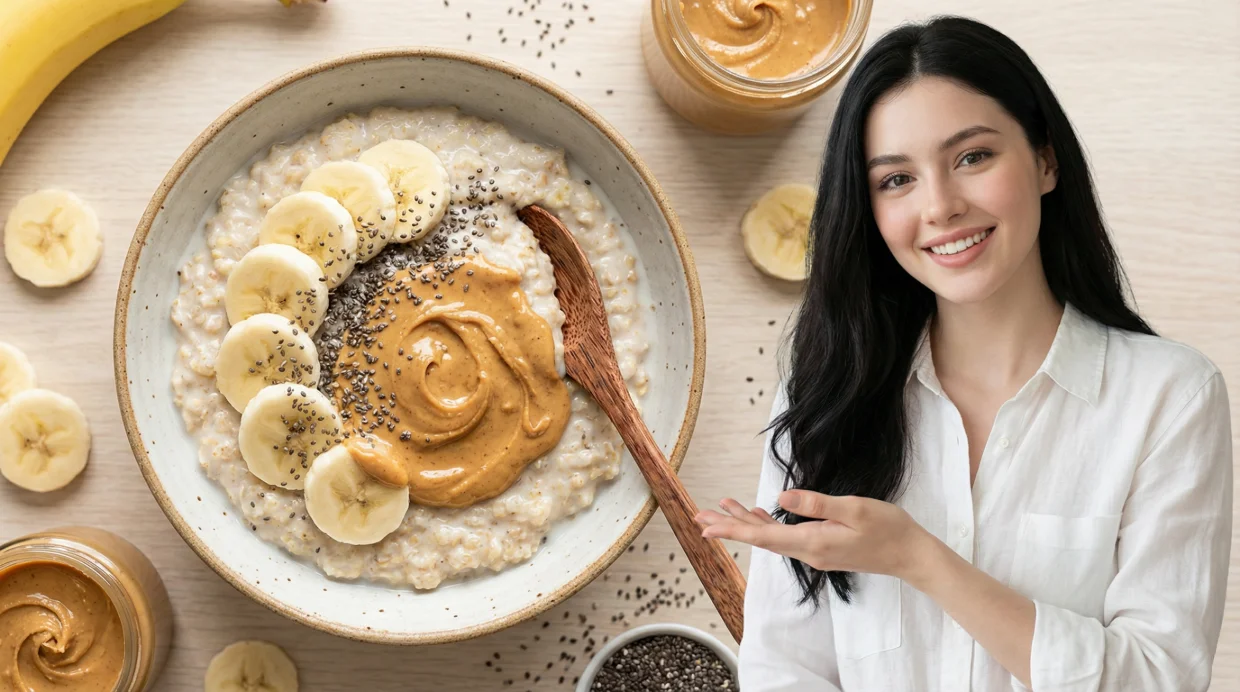 Top-down view of a healthy breakfast bowl: Oatmeal topped with sliced bananas, chia seeds, and a dollop of peanut butter. Featuring the reference character from the uploaded image: Position the character to match the context acting as the presenter of this guide. Style: Food photography, appetizing, bright lighting.