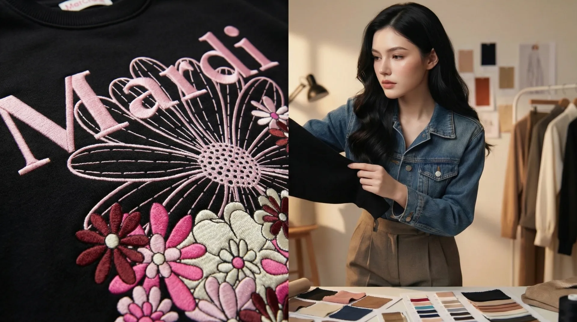 The uploaded reference character sheet shall be used for creating a person or character in this image., Close-up detailed shot of Mardi Mercredi sweater embroidery showing texture, quality, and design details, with Thai fashion blogger and stylist, with reference to the Uploaded reference image Character Sheet preserving facial fidelity, 25 year old, stylish and trendy outfit matching the article theme, natural makeup, confident expression, fashionable hair styling examining it in background (slightly blurred), professional and editorial mood, aspect ratio 21:9