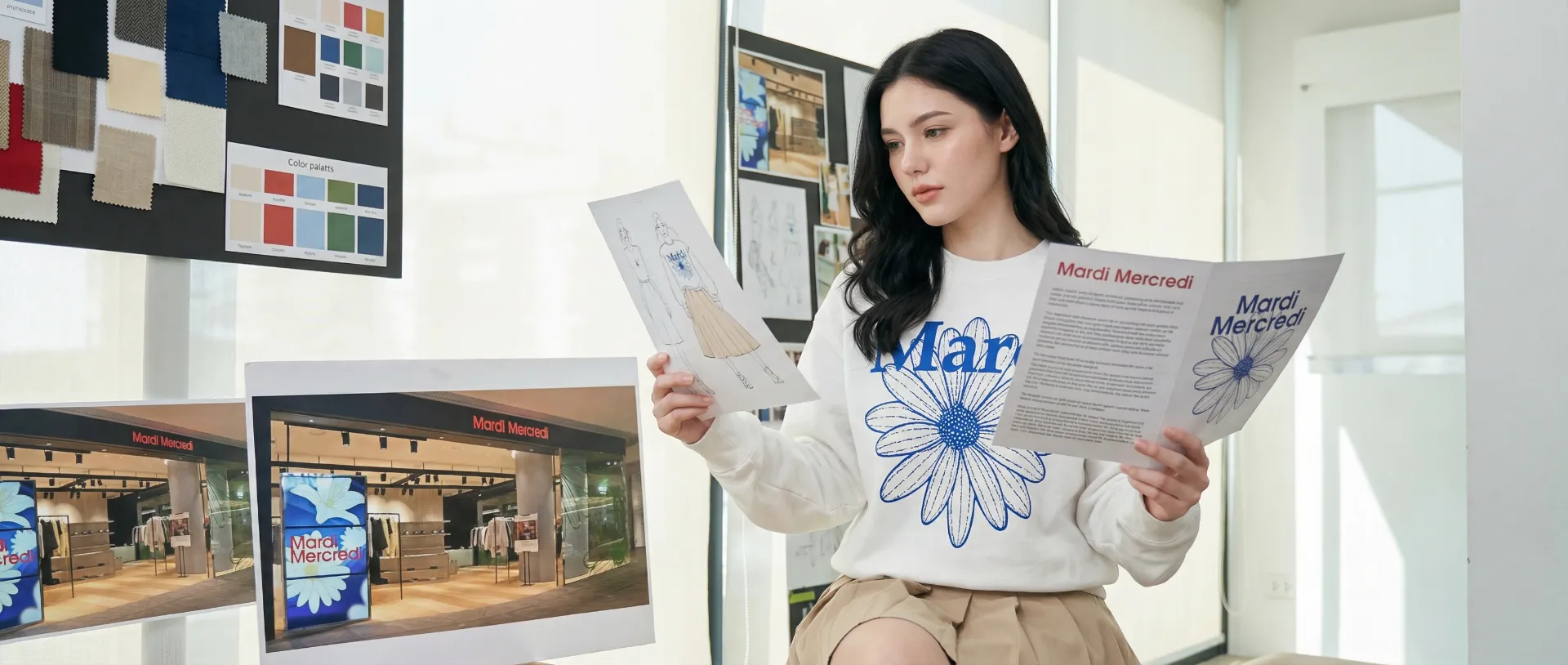 The uploaded reference character sheet shall be used for creating a person or character in this image., Thai fashion blogger and stylist, with reference to the Uploaded reference image Character Sheet preserving facial fidelity, 25 year old, stylish and trendy outfit matching the article theme, natural makeup, confident expression, fashionable hair styling, looking at fashion sketches or brand materials about Mardi Mercredi history, sitting in a modern workspace with mood boards visible, creative and thoughtful atmosphere, aspect ratio 21:9