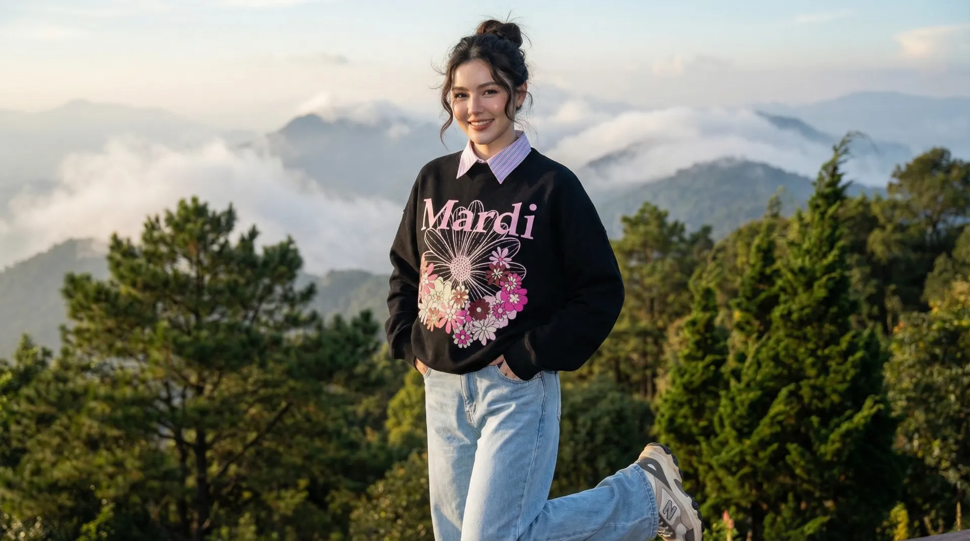 The uploaded reference character sheet shall be used for creating a person or character in this image., Thai fashion blogger and stylist, with reference to the Uploaded reference image Character Sheet preserving facial fidelity, 25 year old, stylish and trendy outfit matching the article theme, natural makeup, confident expression, fashionable hair styling, wearing a complete styled outfit featuring Mardi Mercredi sweater and skirt, full-body shot, in an urban street setting in Bangkok, confident and fashionable mood, golden hour lighting, aspect ratio 21:9