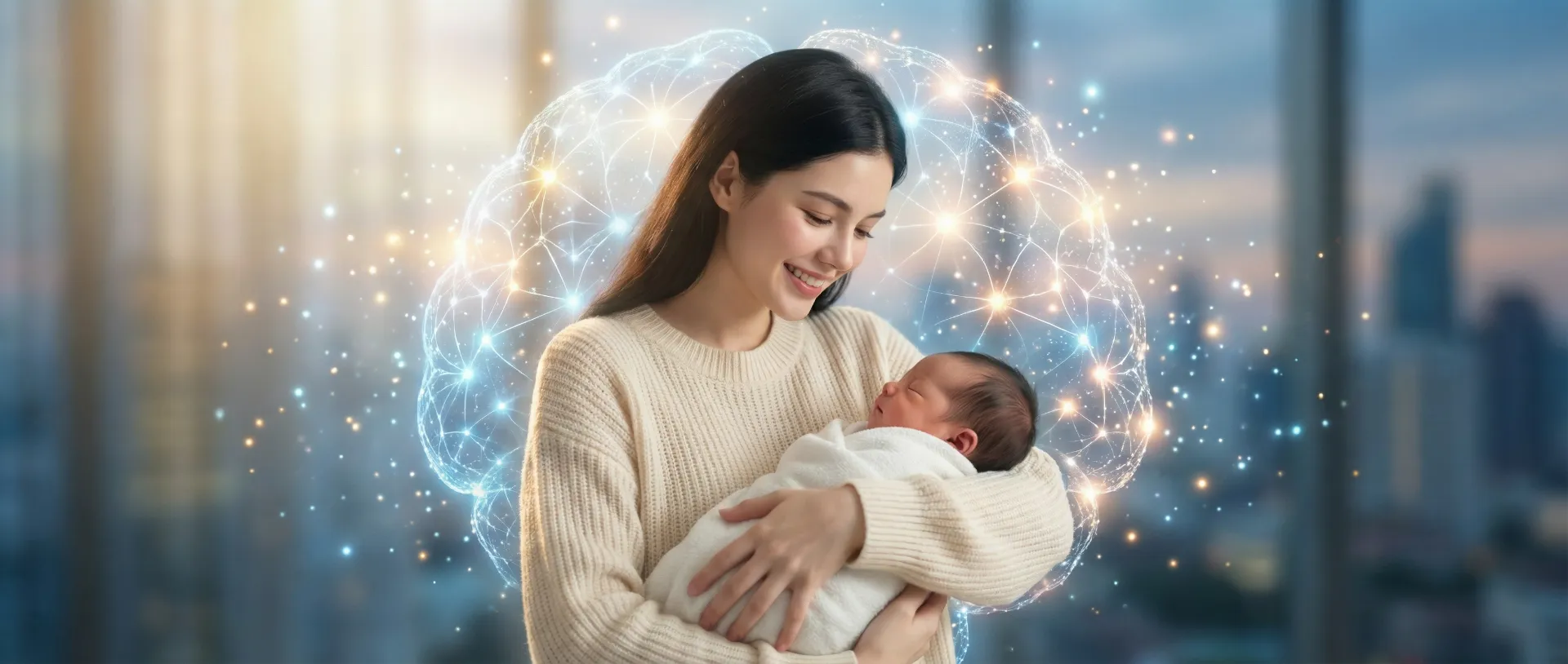 The uploaded reference character sheet shall be used for creating a person or character in this image, Modern Gen-Y Mom & Child Specialist, with reference the Uploaded reference image Character Sheet preserving facial fidelity, 30 year old Bangkokian, smiling warmly hugging a child or holding a glowing heart representing love, surrounded by brain/light symbolism, ethereal and dreamy lighting, aspect ratio 21:9