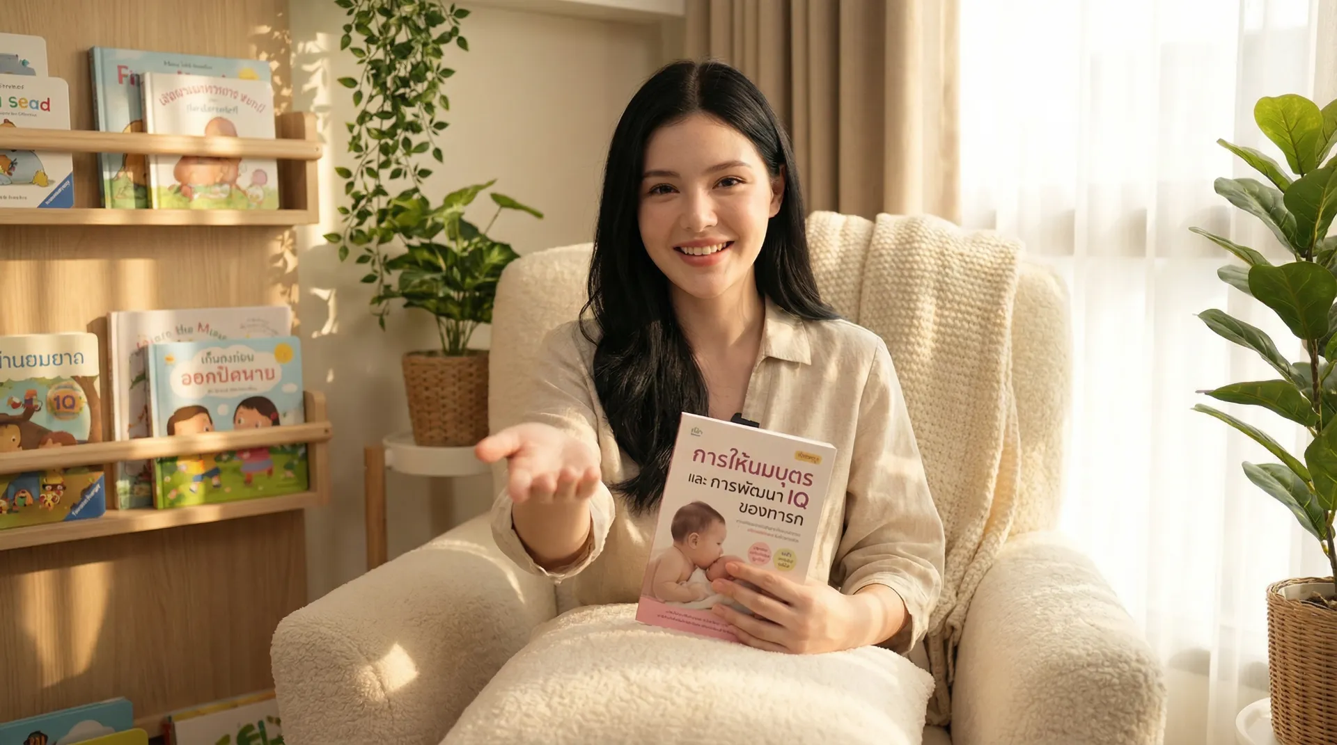 The uploaded reference character sheet shall be used for creating a person or character in this image, Modern Gen-Y Mom & Child Specialist, with reference the Uploaded reference image Character Sheet preserving facial fidelity, 30 year old Bangkokian, making an inviting hand gesture holding a baby brain development book related to Breastfeeding and IQ Research, in a cozy modern living room or nursery, warm and bright mood, soft lighting, aspect ratio 21:9