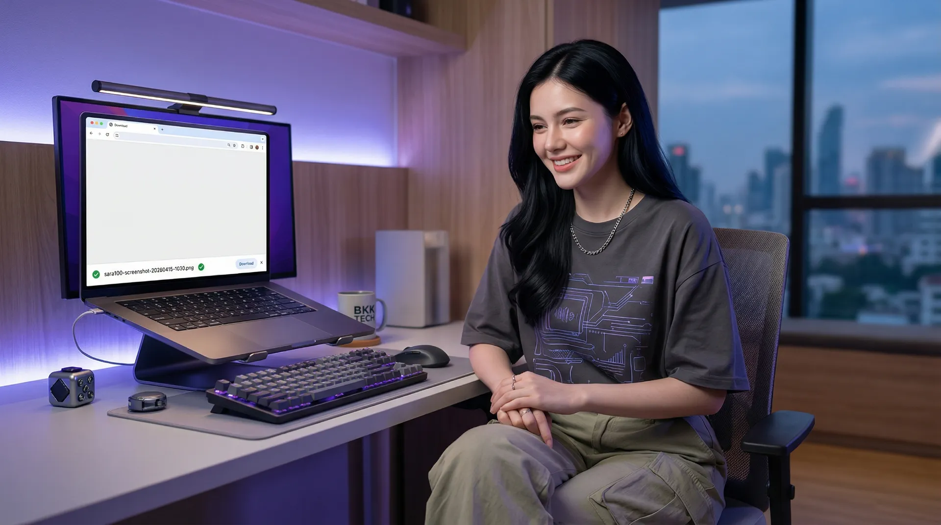 The uploaded reference character sheet shall be used for creating a person or character in this image. Modern Gen-Z Tech-Savvy Girl, with reference the Uploaded reference image Character Sheet ensuring her face and expression are fully visible, high facial fidelity, 22 year old Bangkokian, cheerful and satisfied expression, wearing a stylish casual outfit, sitting at a minimal desk setup with a laptop, looking happy after using Screenshot Master, screen showing a successful PNG screenshot download with filename 'sara100-screenshot-2026...' visible, soft purple-blue warm lighting, aspect ratio 21:9