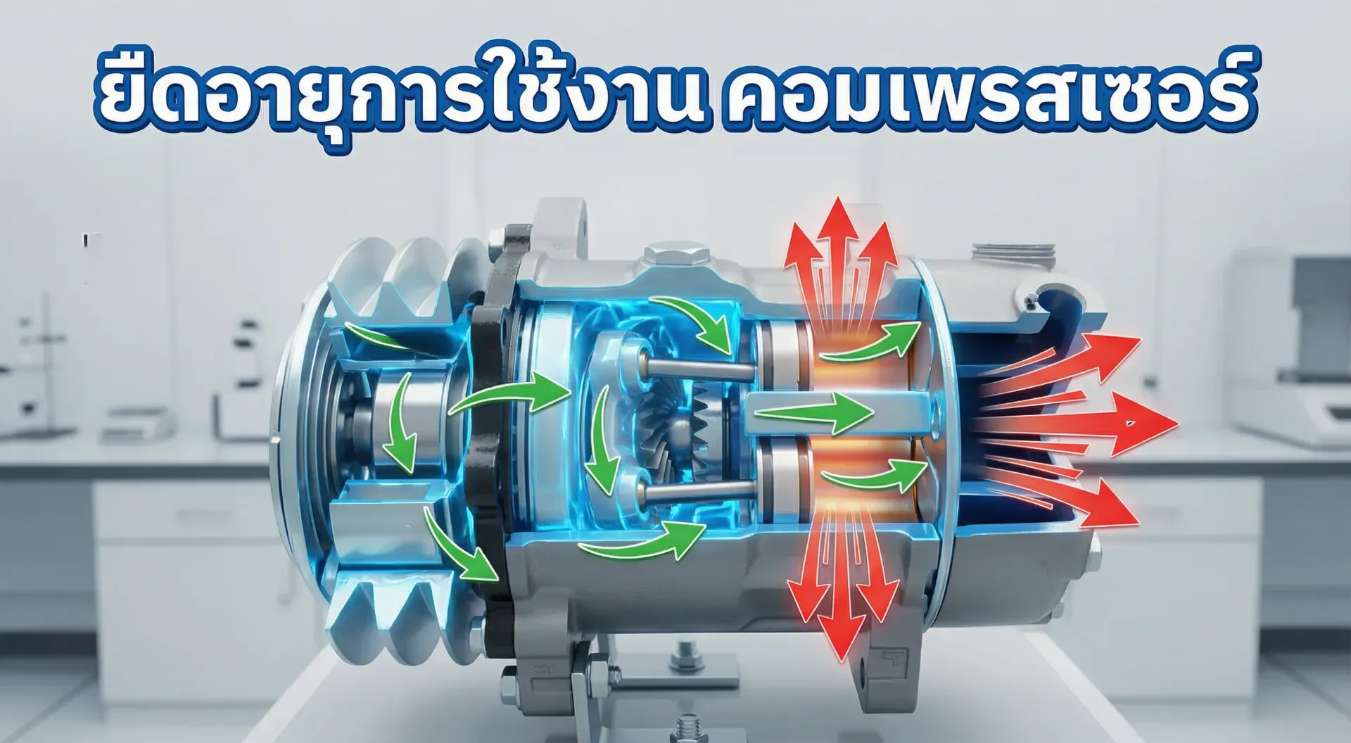 An 3D infographic showing the internal parts of a car AC compressor being coated in protective clean oil, with arrows indicating smooth movement and heat reduction, emphasizing 8-15 years lifespan.