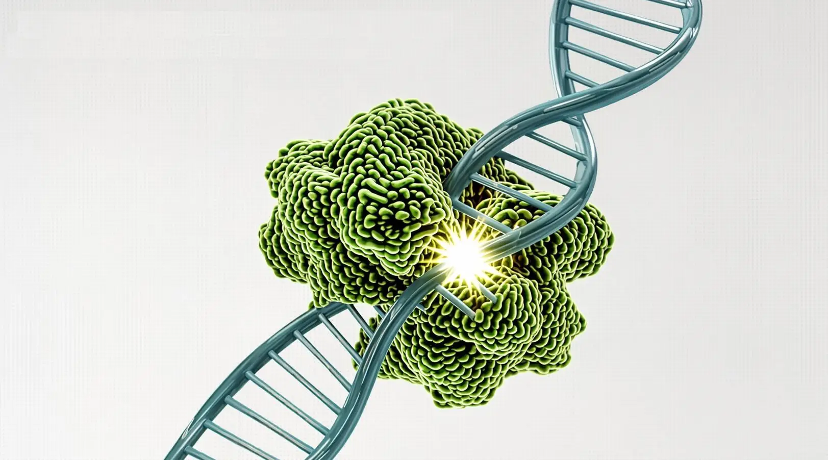 An educational medical illustration of HMGB1 Box A. The image features a clear distinction between the protein and the genetic material. The protein (Box A) is colored in soft green, showing a V-shaped fold. It is wrapping around a silver-blue DNA double helix. At the center of the contact point, a small spark or highlight indicates the creation of the DNA gap. The style is clean, sharp, and detailed, suitable for a scientific presentation or journal article